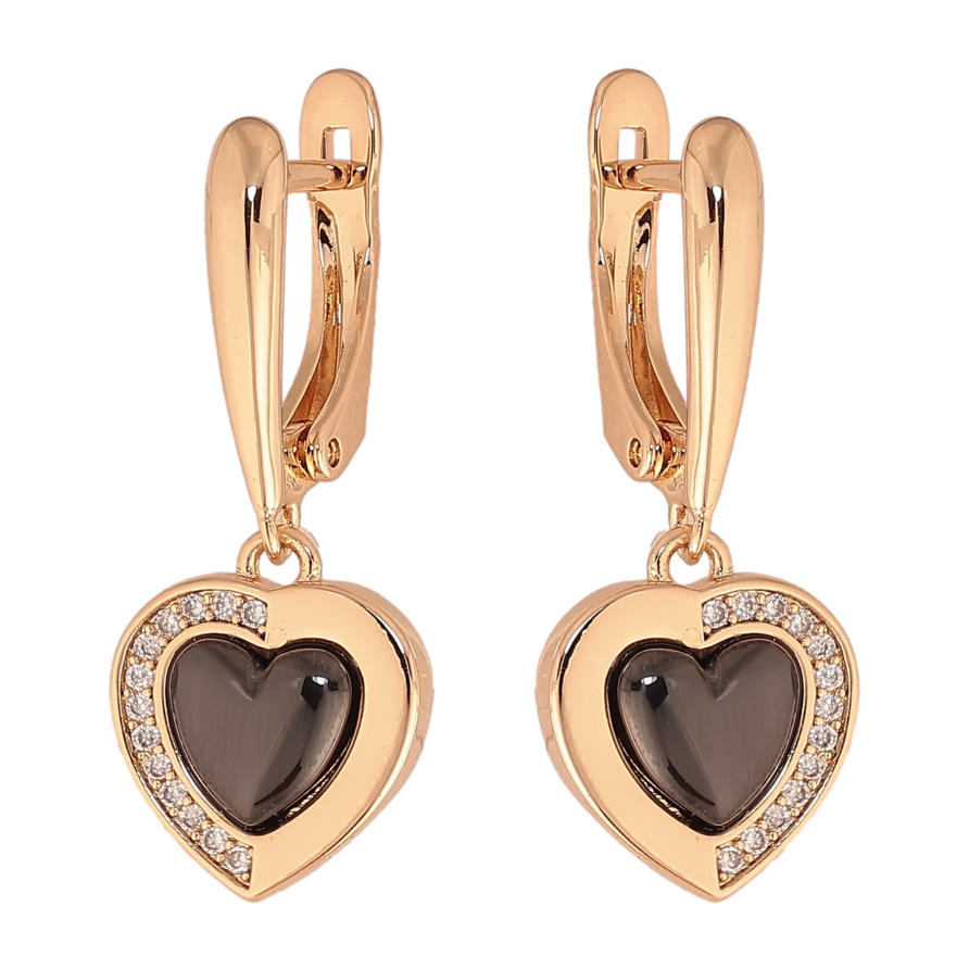 Серьги Xuping TTM Stainless Steel цвет 18К английский замок подвески сердечки с черной керамикой и кристаллами фото №1 Серьги Xuping TTM Stainless Steel цвет 18К английский замок подвески сердечки с черной керамикой и кристаллами фото №1
