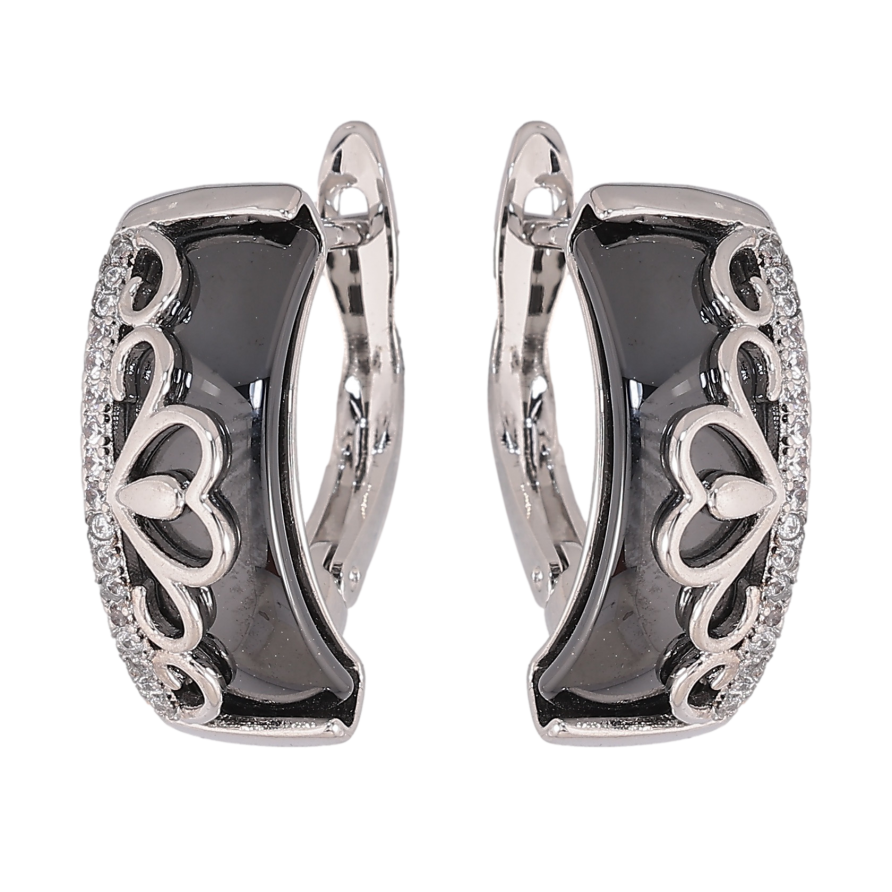 Серьги Xuping TTM Stainless Steel цвет Родий английский замок "Узор с черной керамикой" фото №1 Серьги Xuping TTM Stainless Steel цвет Родий английский замок "Узор с черной керамикой" фото №1