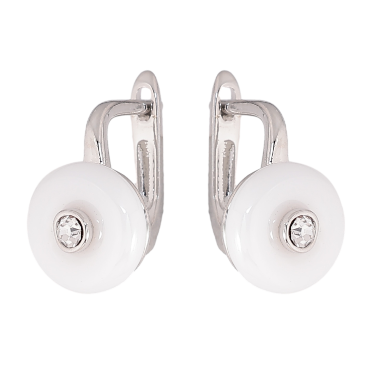 Серьги Xuping TTM Stainless Steel цвет Родий английский замок "Узор из белой керамики с кристаллом" фото №2 Серьги Xuping TTM Stainless Steel цвет Родий английский замок "Узор из белой керамики с кристаллом" фото №2
