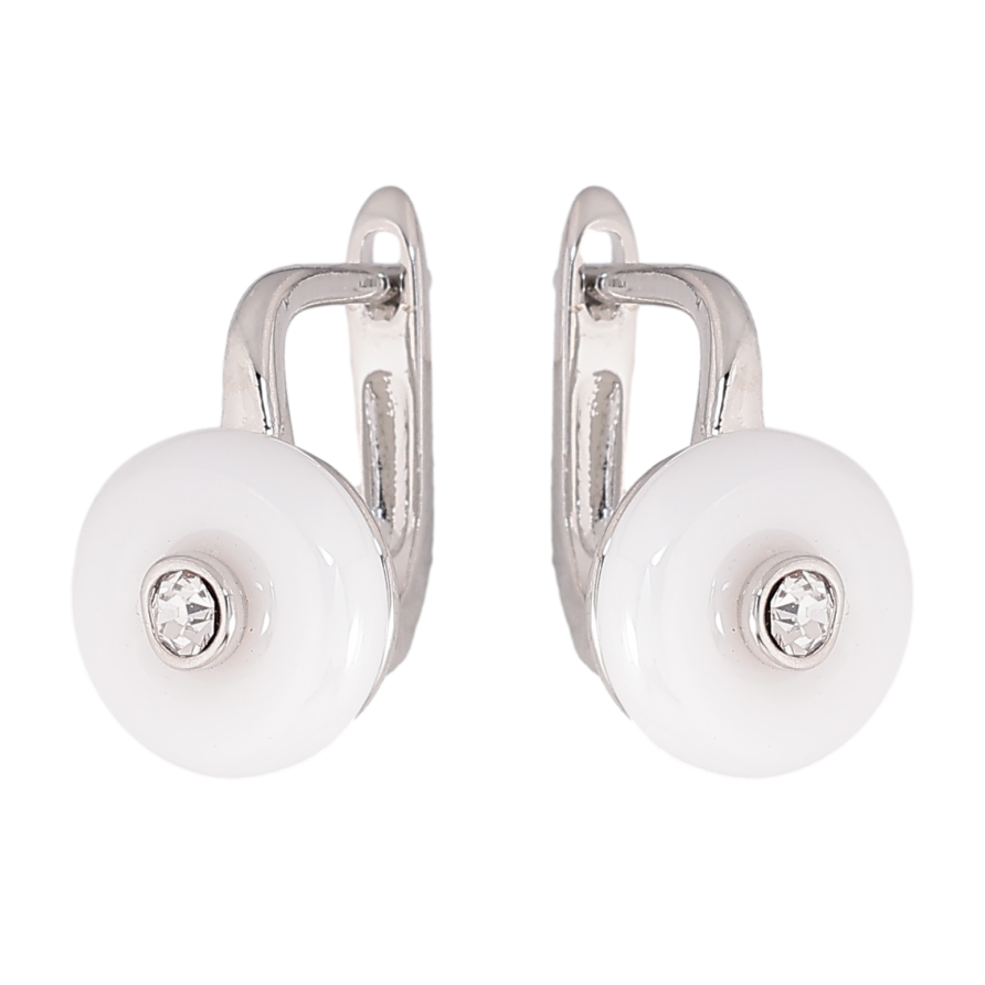Серьги Xuping TTM Stainless Steel цвет Родий английский замок "Узор из белой керамики с кристаллом" фото №1 Серьги Xuping TTM Stainless Steel цвет Родий английский замок "Узор из белой керамики с кристаллом" фото №1