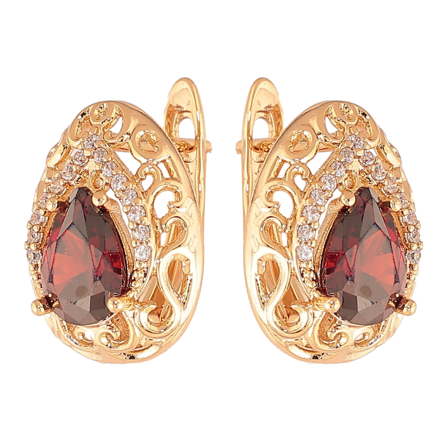 Серьги Xuping цвет Позолота 18K английский замок "Ажурные капельки с красными кристаллами" фото №1 Серьги Xuping цвет Позолота 18K английский замок "Ажурные капельки с красными кристаллами" фото №1