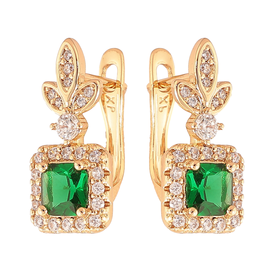 Серьги Xuping цвет Позолота 18K английский замок "Узор с зелеными кристаллами" фото №1