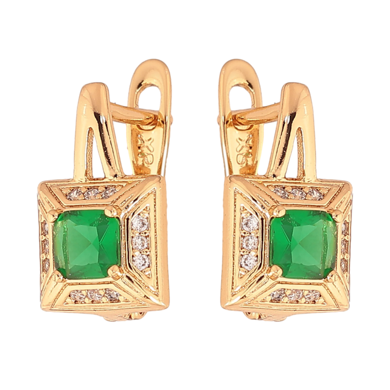 Серьги Xuping цвет Позолота 18K английский замок "Узор с зелеными кристаллами" фото №2