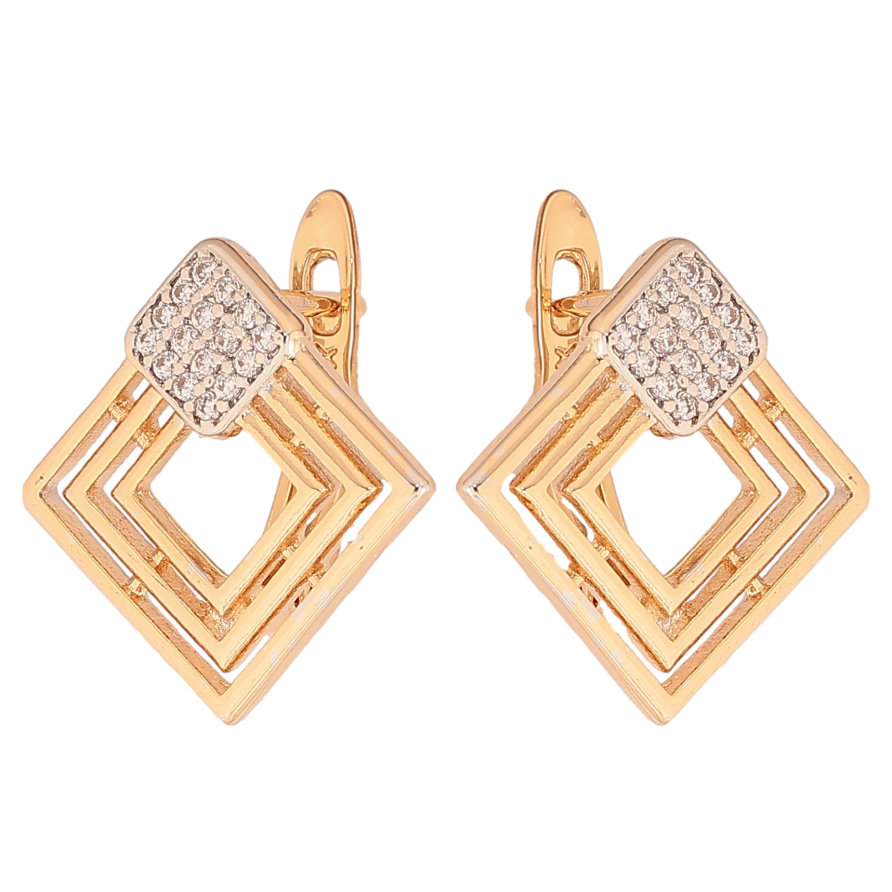 Серьги Xuping цвет позолота 18K + родий английский замок ромбовый узор с кристаллами фото №1 Серьги Xuping цвет позолота 18K + родий английский замок ромбовый узор с кристаллами фото №1
