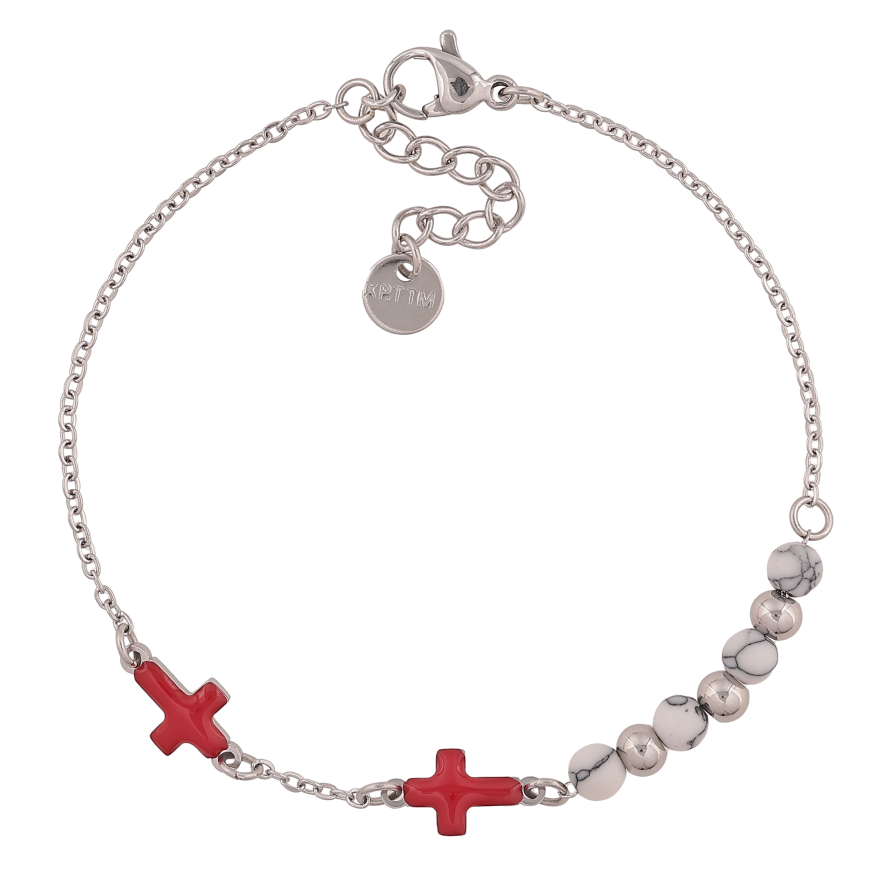 Браслет Xuping ТТМ Stainless Steel колір Родій "Червоні хрестики" довжина з дод. ланцюжком 17-20см х 1.5-7мм фото №1 Браслет Xuping ТТМ Stainless Steel колір Родій "Червоні хрестики" довжина з дод. ланцюжком 17-20см х 1.5-7мм фото №1