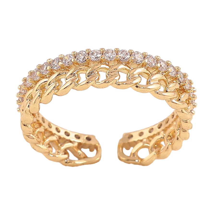 Каблучка Xuping колір Позолота 14K "Візерунок ланцюжок з доріжкою кристалів" фото №1 Каблучка Xuping колір Позолота 14K "Візерунок ланцюжок з доріжкою кристалів" фото №1