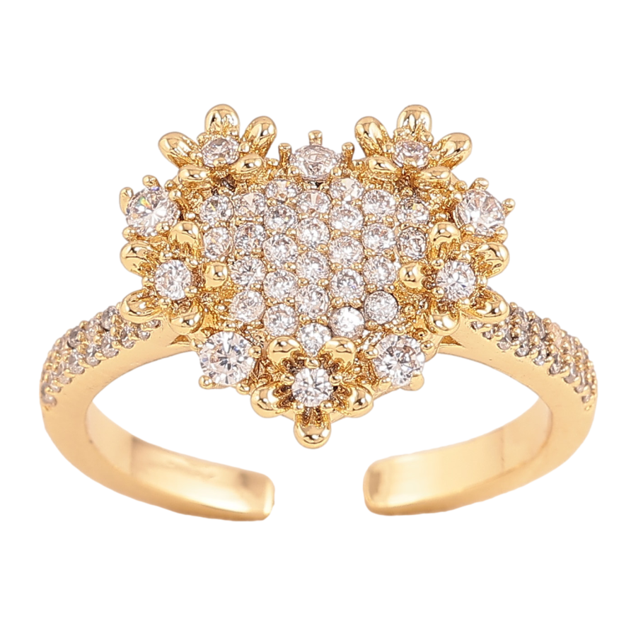 Каблучка Xuping колір Позолота 14K "Сердечко з квіточками та кристалами" фото №1 Каблучка Xuping колір Позолота 14K "Сердечко з квіточками та кристалами" фото №1