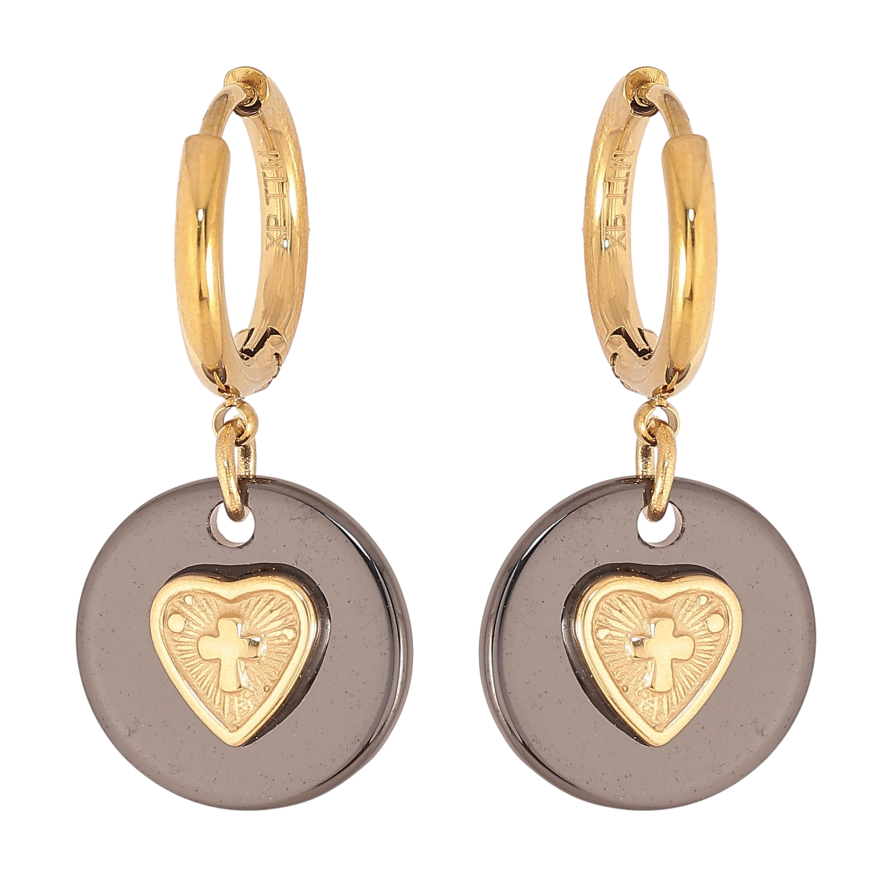 Серьги Xuping TTM Stainless Steel цвет 14К подвески на колечках "Подвески из черной керамики с сердечками" фото №1 Серьги Xuping TTM Stainless Steel цвет 14К подвески на колечках "Подвески из черной керамики с сердечками" фото №1