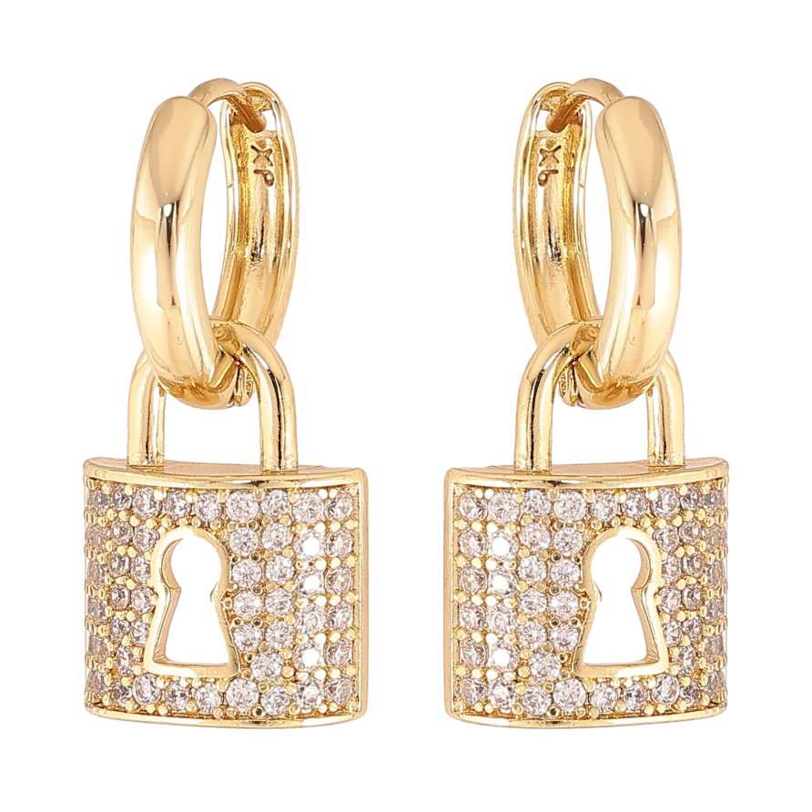 Серьги Xuping цвет Позолота 14K подвески на колечках "Замочки с инкрустацией кристаллами" 2 в 1 фото №1