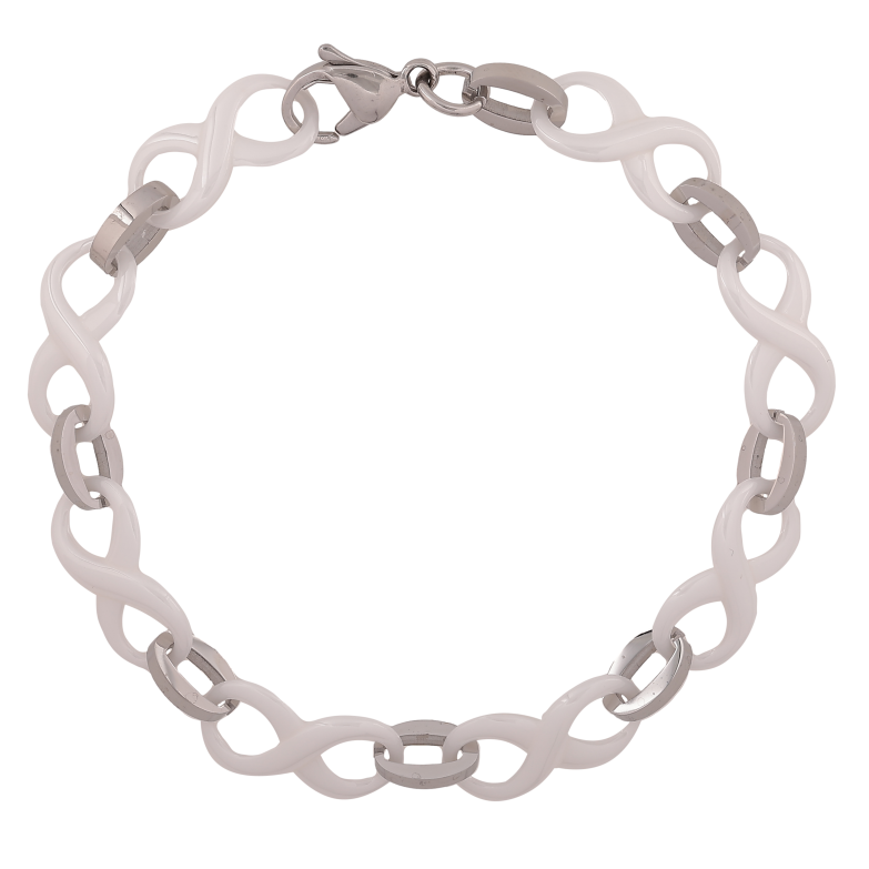 Браслет Xuping ТТМ Stainless Steel колір Родій "Ланки вісімки з білої кераміки" довжина 21см х 10мм фото №6 Браслет Xuping ТТМ Stainless Steel колір Родій "Ланки вісімки з білої кераміки" довжина 21см х 10мм фото №6