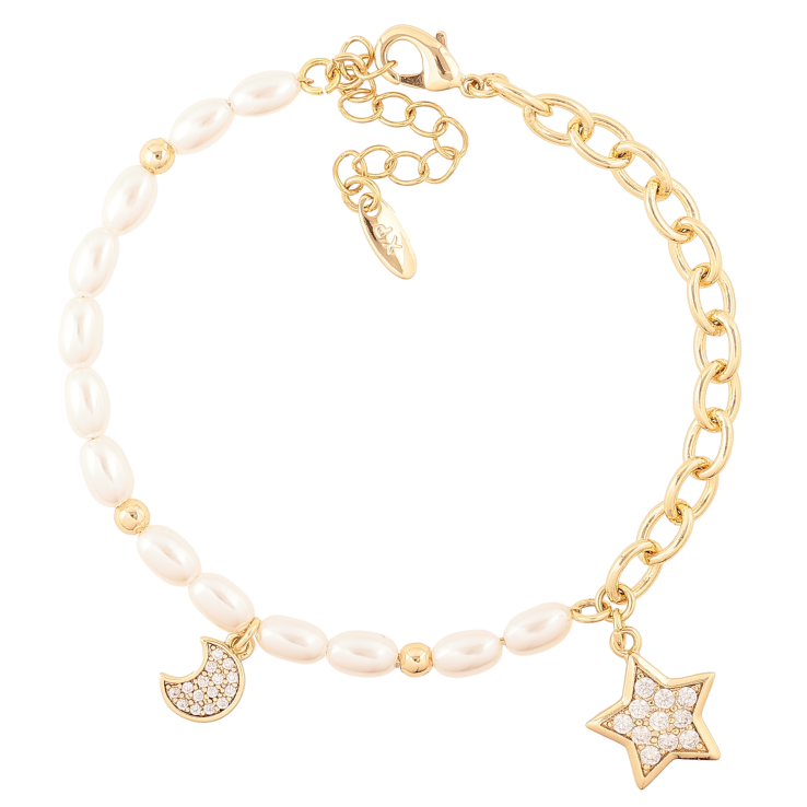 Браслет Xuping цвет Позолота 14K "Цепочка с жемчужными бусинами и подвесками" размер с доп. цепочкой 16-19.5см х 3-5мм фото №4 Браслет Xuping цвет Позолота 14K "Цепочка с жемчужными бусинами и подвесками" размер с доп. цепочкой 16-19.5см х 3-5мм фото №4