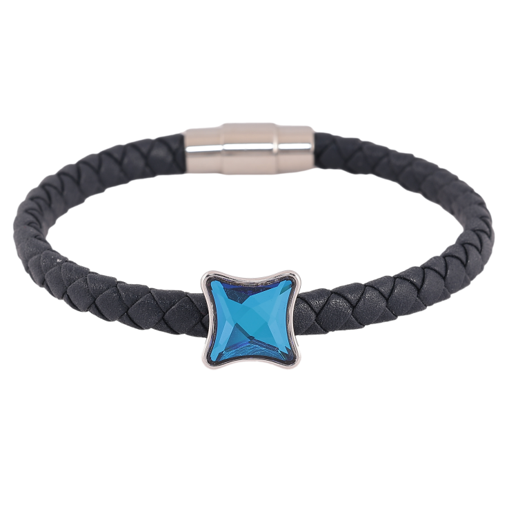Браслет Xuping цвет Родий с кристаллами Swarovski "Кожаный черный шнур с кристаллом Metallic Blue" магнитная застежка длина 18,5см х 5мм фото №2