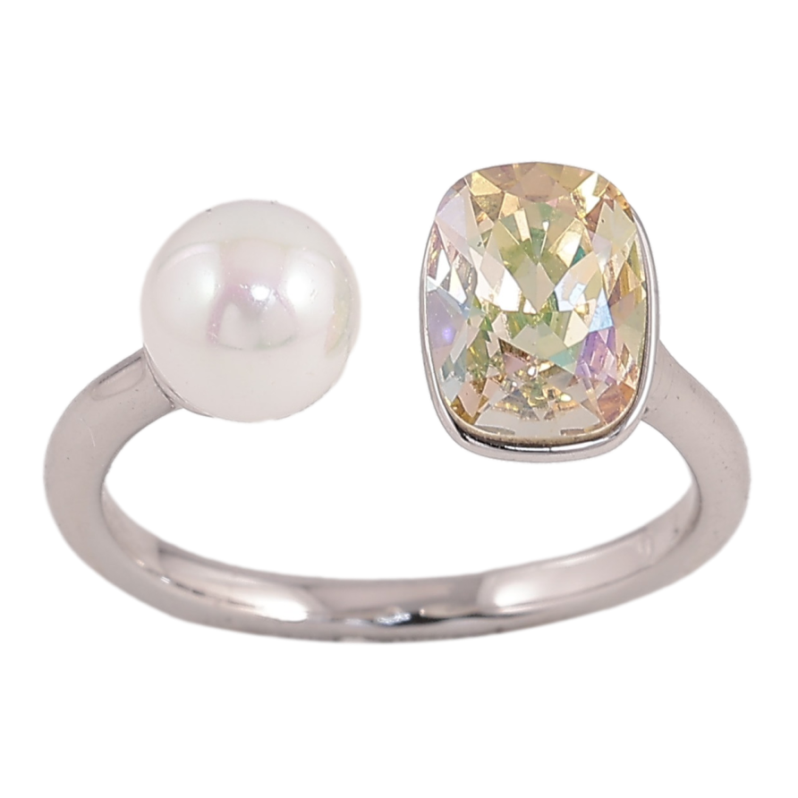Кольцо Xuping цвет Родий с кр-ми Swarovski "Кристалл Luminous Green с жемчугом, ø 6мм, 6х8мм" фото №1