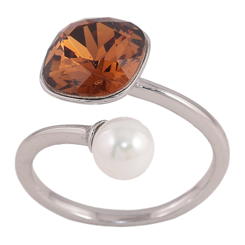 Кольцо Xuping цвет Родий с кр-ми Swarovski "Кристалл Smoked Topaz с жемчужиной, ø 10мм и 6мм" фото №1 Кольцо Xuping цвет Родий с кр-ми Swarovski "Кристалл Smoked Topaz с жемчужиной, ø 10мм и 6мм" фото №1