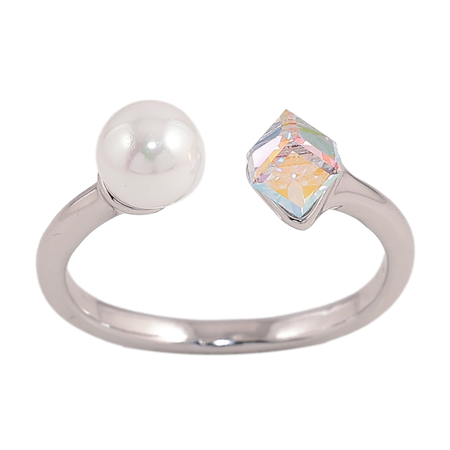 Кольцо Xuping цвет Родий с кр-ми Swarovski "Кристальный кубик АВ с жемчугом, ø 6мм, 4х4мм" фото №1 Кольцо Xuping цвет Родий с кр-ми Swarovski "Кристальный кубик АВ с жемчугом, ø 6мм, 4х4мм" фото №1