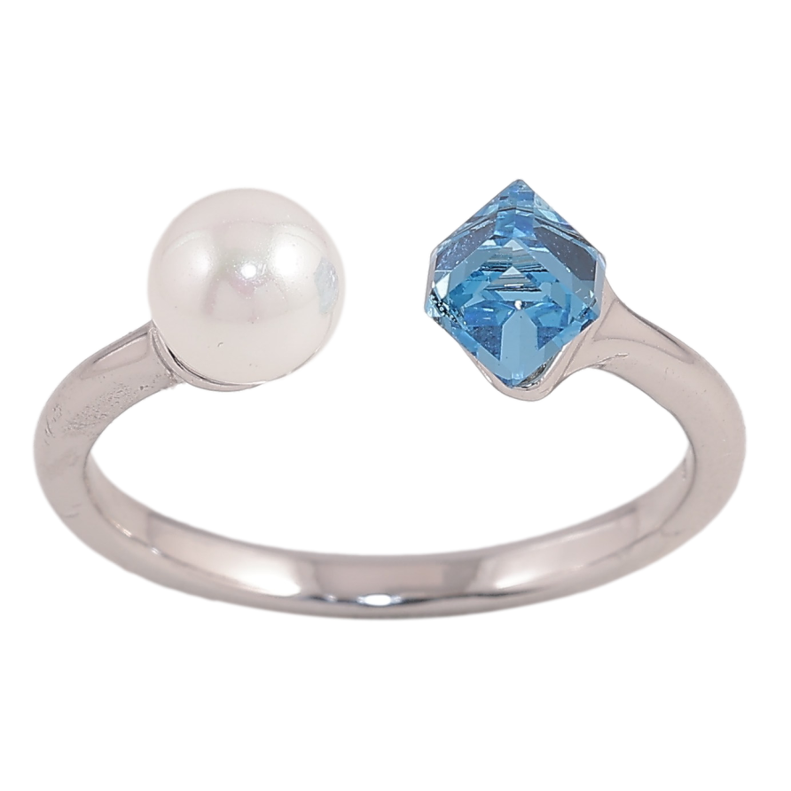 Каблучка Xuping колір Родій з кр-ми Swarovski "Кристальний кубик Aquamarine з перлами, ø 6мм, 4х4мм" фото №1