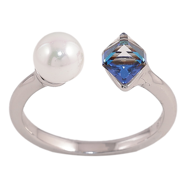 Каблучка Xuping колір Родій з кр-ми Swarovski "Кристальний кубик Metallic Blue з перлами, ø 6мм, 4х4мм" фото №20