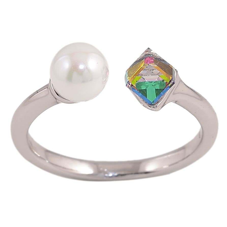Кольцо Xuping цвет Родий с кр-ми Swarovski "Кристальный кубик Vitrail Medium с жемчугом, ø 6мм, 4х4мм" фото №1 Кольцо Xuping цвет Родий с кр-ми Swarovski "Кристальный кубик Vitrail Medium с жемчугом, ø 6мм, 4х4мм" фото №1