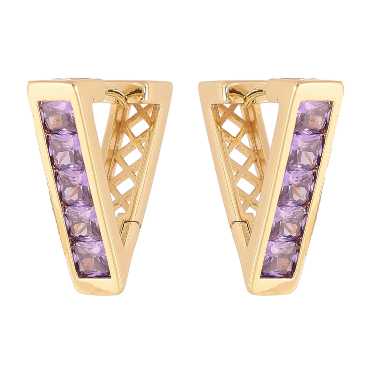 Сережки Xuping колір Позолота 14K колечка "Трикутники з доріжками бузкових кристалів" фото №18
