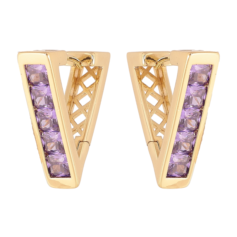 Сережки Xuping колір Позолота 14K колечка "Трикутники з доріжками бузкових кристалів" фото №2