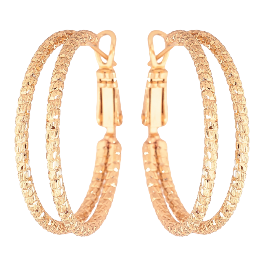Сережки Xuping колір Позолота 18K кільця (конго) "Подвійні з візерунком" ø 3см фото №1