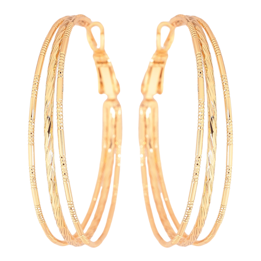Серьги Xuping цвет Позолота 18K кольца (конго) "Тройные с узором" ø 4см фото №1