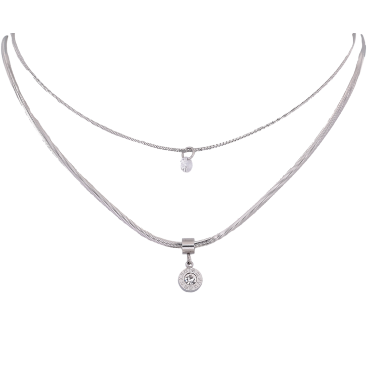 Кольє Xuping ТТМ Stainless Steel колір Родій "Подвійний ланцюжок з циферблатом і кристалом" довжина 41-46см х 3мм фото №5 Кольє Xuping ТТМ Stainless Steel колір Родій "Подвійний ланцюжок з циферблатом і кристалом" довжина 41-46см х 3мм фото №5