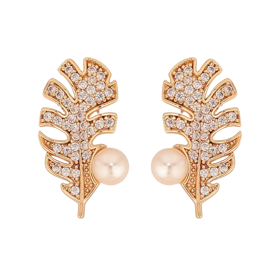 Сережки Xuping M&L колір 18K пусети "Листочки з перлами та кристалами" фото №1 Сережки Xuping M&L колір 18K пусети "Листочки з перлами та кристалами" фото №1