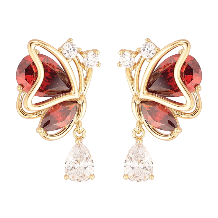 Серьги Xuping цвет Позолота 14K пусеты "Бабочки с красными кристаллами" фото №6