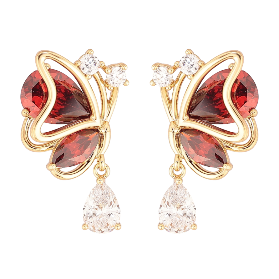 Сережки Xuping колір Позолота 14K пусети "Метелики з червоними кристалами" фото №1 Сережки Xuping колір Позолота 14K пусети "Метелики з червоними кристалами" фото №1