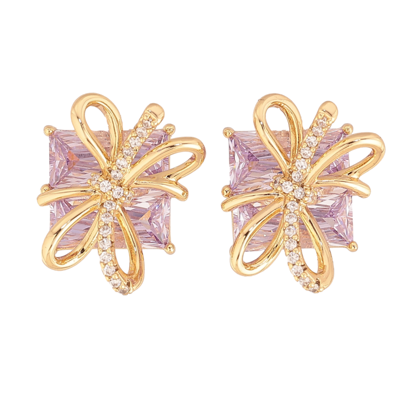 Сережки Xuping колір Позолота 14K пусети "Бузкові кристали з бантами" фото №3 Сережки Xuping колір Позолота 14K пусети "Бузкові кристали з бантами" фото №3