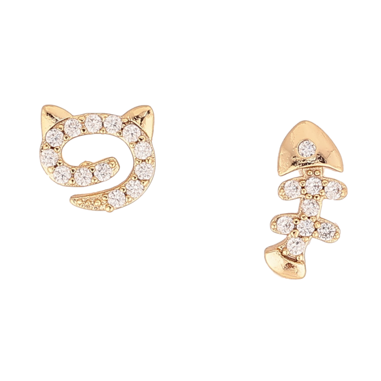 Сережки Xuping колір Позолота 14K пусети "Котик з рибкою" фото №2 Сережки Xuping колір Позолота 14K пусети "Котик з рибкою" фото №2
