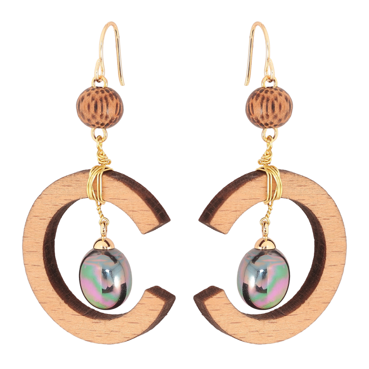 Серьги Xuping QQMM цвет Позолота 14K французский замок "Эпатажные подвески с деревянными полукольцами и черными жемчужинами" фото №6