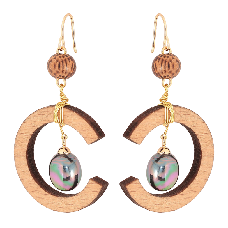 Серьги Xuping QQMM цвет Позолота 14K французский замок "Эпатажные подвески с деревянными полукольцами и черными жемчужинами" фото №2