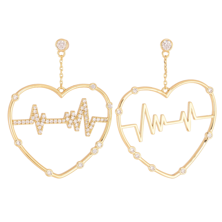 Серьги Xuping QQMM цвет Позолота 14K пусеты "Ассиметричные сердечки с кардиограммой" фото №18