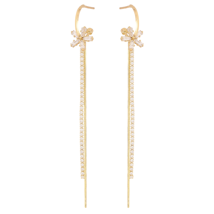Серьги Xuping QQMM цвет Позолота 14K пусеты "Кристальные цветочки на дугах с цепочками" фото №20