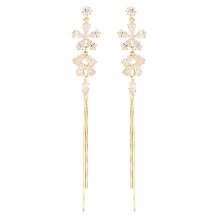 Серьги Xuping QQMM цвет Позолота 14K пусеты "Кристальные цветочки с цепочками" фото №17