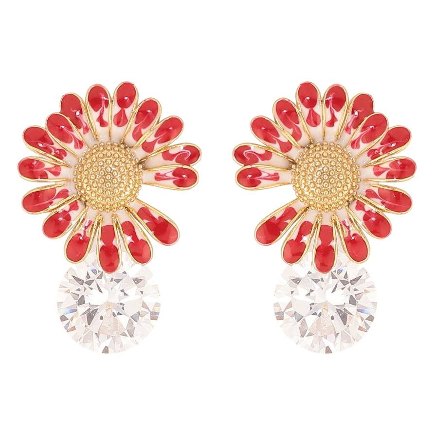 Серьги Xuping QQMM цвет Позолота 14K пусеты "Красные цветочки с кристаллами" фото №1