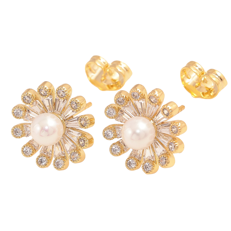 Сережки Xuping QQMM колір Позолота 14K пусети "Квіточки з кристалами та перлами" фото №11 Сережки Xuping QQMM колір Позолота 14K пусети "Квіточки з кристалами та перлами" фото №11