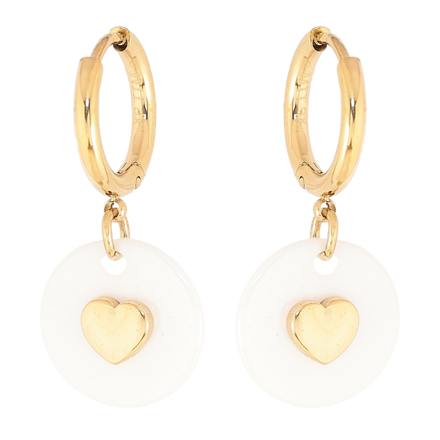 Серьги Xuping TTM Stainless Steel цвет 14К подвески на колечках "Колечки белой керамики с узором сердечко" фото №1