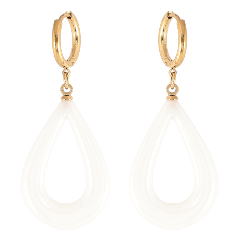 Сережки Xuping TTM Stainless Steel колір 14К підвіски на колечках "Білі керамічні крапельки" фото №3 Сережки Xuping TTM Stainless Steel колір 14К підвіски на колечках "Білі керамічні крапельки" фото №3