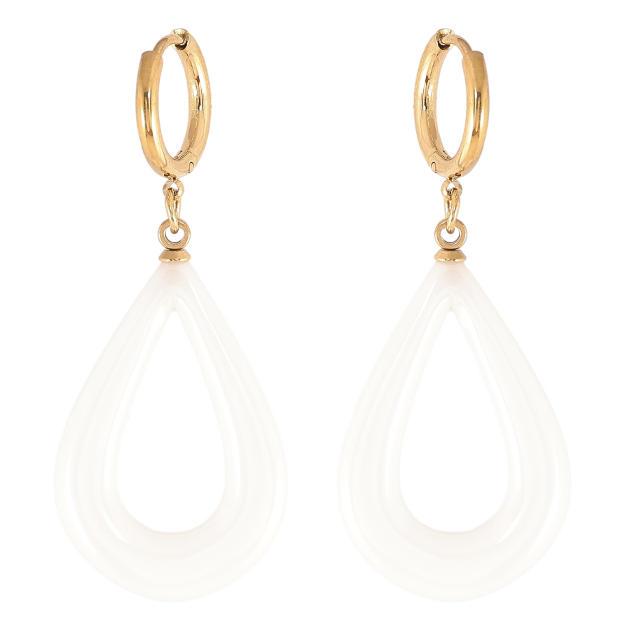 Серьги Xuping TTM Stainless Steel цвет 14К подвески на колечках "Белые керамические капельки" фото №1 Серьги Xuping TTM Stainless Steel цвет 14К подвески на колечках "Белые керамические капельки" фото №1