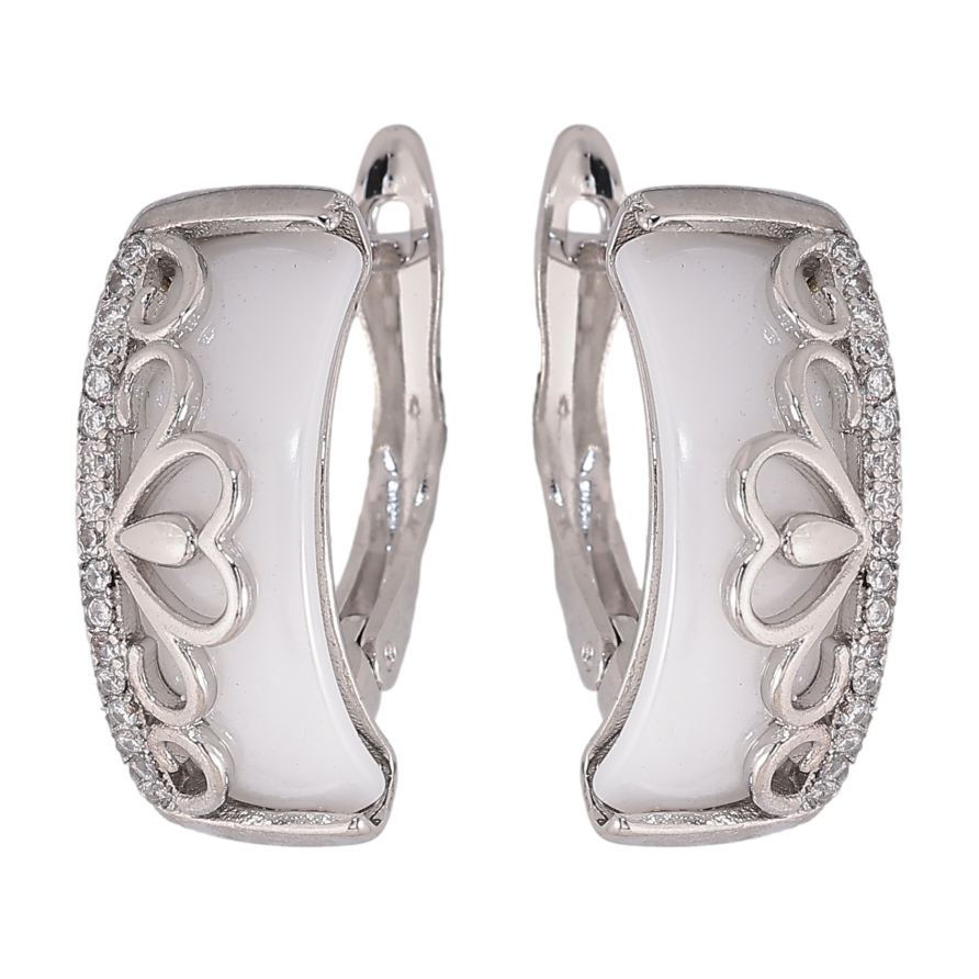 Серьги Xuping TTM Stainless Steel цвет Родий английский замок "Узор с белой керамикой" фото №1 Серьги Xuping TTM Stainless Steel цвет Родий английский замок "Узор с белой керамикой" фото №1