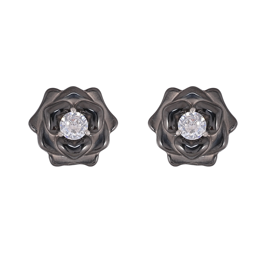 Серьги Xuping TTM Stainless Steel цвет Родий пусеты "Черные керамические цветочки с кристаллами"  фото №1