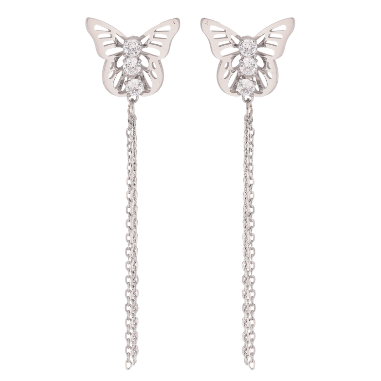 Сережки Xuping TTM Stainless Steel колір Родій пусети "Метелики з ланцюжками" фото №5