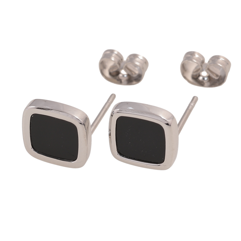 Сережки Xuping TTM Stainless Steel колір Родій пусети "Ромби з чорними вставками" 9х9мм фото №2