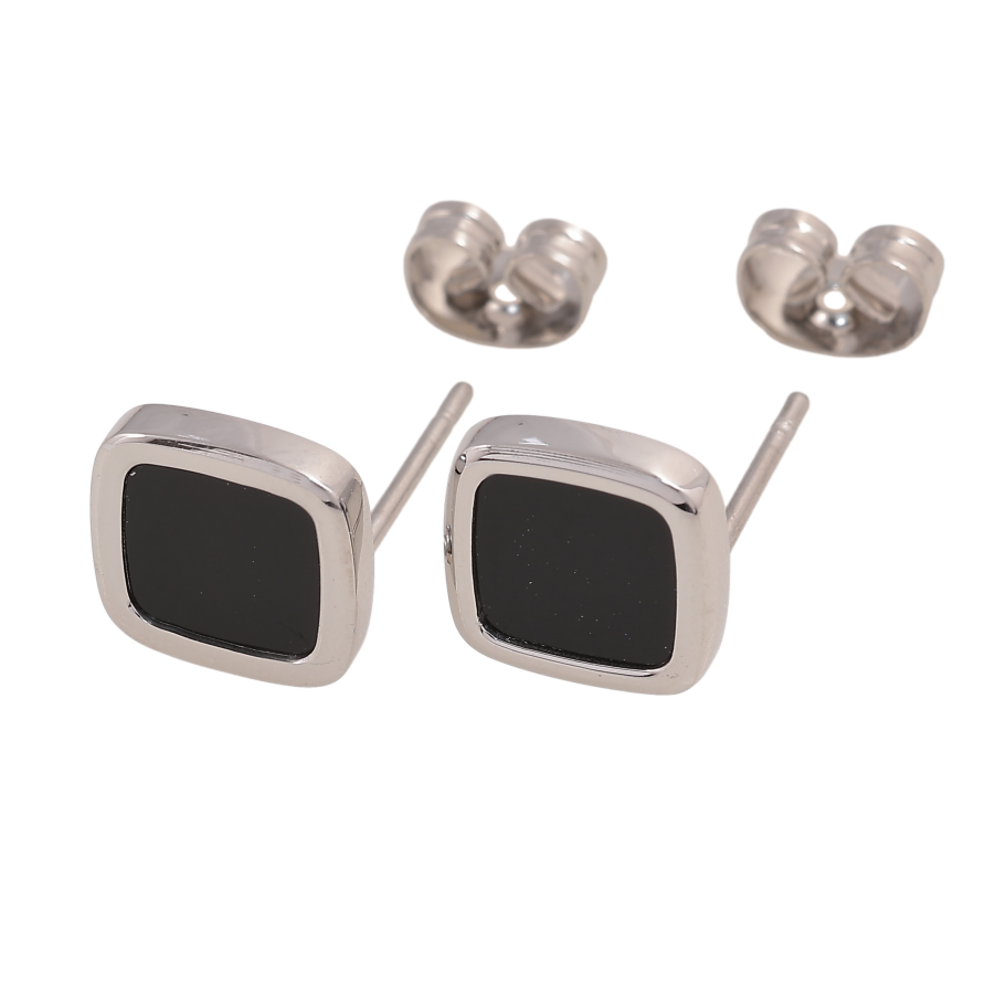 Серьги Xuping TTM Stainless Steel цвет Родий пусеты "Ромбы с черными вставками" 9х9мм фото №1