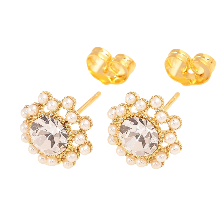 Серьги Xuping цвет 14K с кристаллами Swarovski пусеты "Цветочки с кристаллом Clear и мелким жемчугом" фото №22