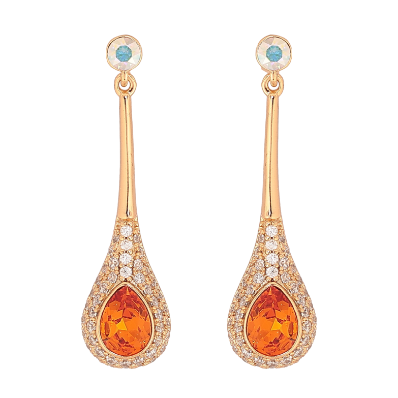 Сережки Xuping колір 18K з кристалами Swarovski пусети "Кристал АВ та Tangerine у краплинному обрамленні" фото №4