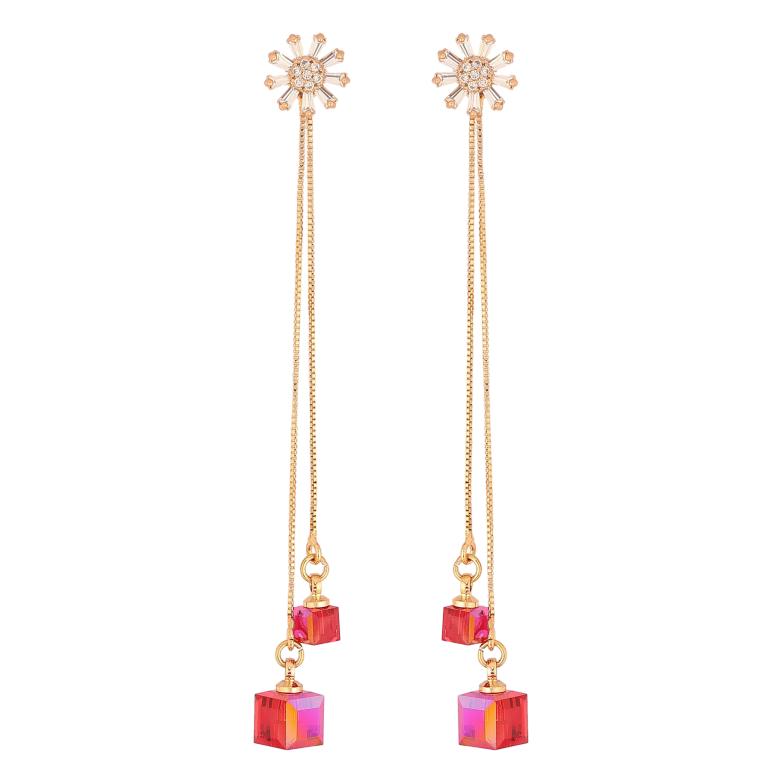 Серьги Xuping цвет 18K с кристаллами Swarovski пусеты "Цветочки с кристаллами Scarlet на цепочке" фото №2